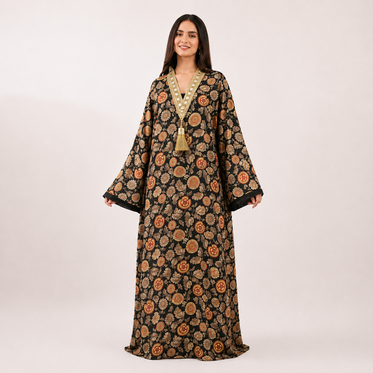 Embroidered Floral Long Kaftan with Mirror Work